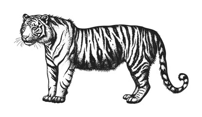 Vintage engraving illustration set isolated tiger, ink sketch, black and white background art of Africa wild cat silhouette. animal, vintage engraving, Hand drawn vector image, ink sketch, 