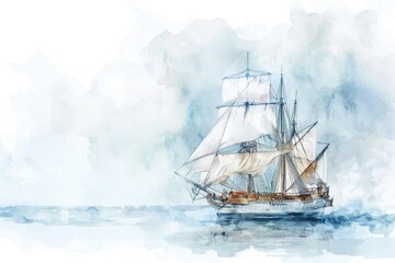 Fototapeta premium Ship Watercolor. Hand painted sailing voyage of sailboat in watercolor