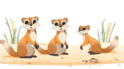 Naklejka premium Meerkats standing in isolation on the sand against a background of pure white