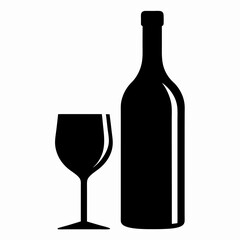 Glass Vector Illustration, wine bottle Vector Art, wine bottle and glass Silhouette, wine bottle and glass cartoon  Character