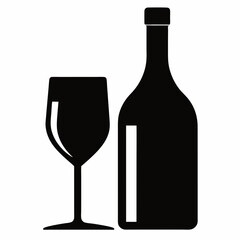 Glass Vector Illustration, wine bottle Vector Art, wine bottle and glass Silhouette, wine bottle and glass cartoon  Character
