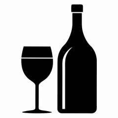 Glass Vector Illustration, wine bottle Vector Art, wine bottle and glass Silhouette, wine bottle and glass cartoon  Character