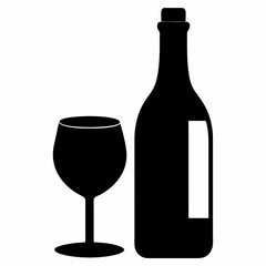 Glass Vector Illustration, wine bottle Vector Art, wine bottle and glass Silhouette, wine bottle and glass cartoon  Character