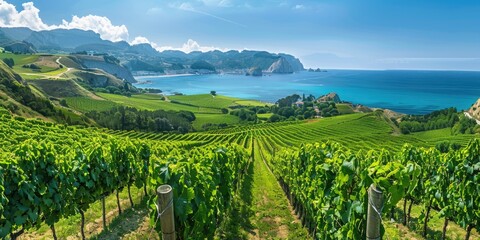 Fototapeta premium Spain Vineyard. Wine Production and Vinery in Getaria with Basque Country Landscape