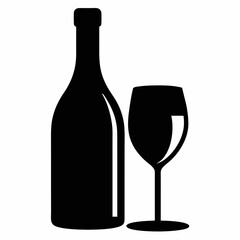 Glass Vector Illustration, wine bottle Vector Art, wine bottle and glass Silhouette, wine bottle and glass cartoon  Character