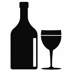 Glass Vector Illustration, wine bottle Vector Art, wine bottle and glass Silhouette, wine bottle and glass cartoon  Character