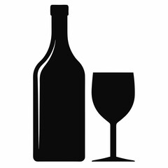 Glass Vector Illustration, wine bottle Vector Art, wine bottle and glass Silhouette, wine bottle and glass cartoon  Character