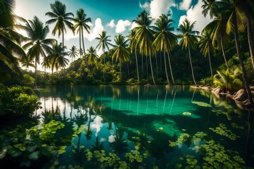 Obraz premium lake and palms, Mahe island, Seychelles.