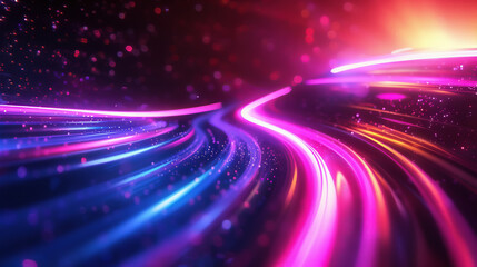 Vibrant neon light trails creating a dynamic, futuristic background with vivid pink and blue hues, ideal for technology and abstract visual designs. High Quality