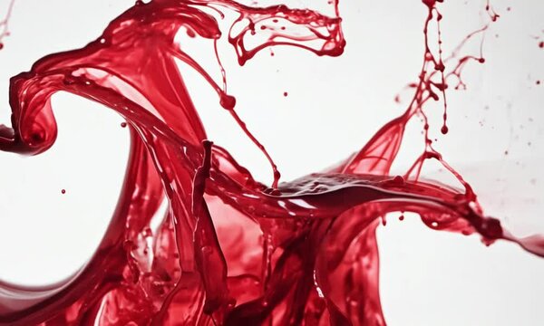Vibrant red liquid splashing against white background, forming intricate patterns and textures like ripples and waves. Fresh and pure, perfect for beverages like water, juice, or wine