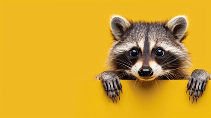 Cute Baby Raccoon Peeking from Behind a Solid Color Studio Background