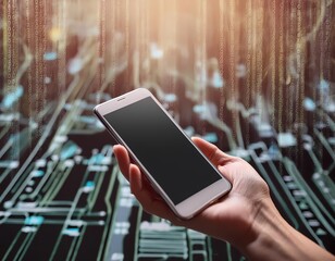Phone in hand on technlogy background. generative ai image
