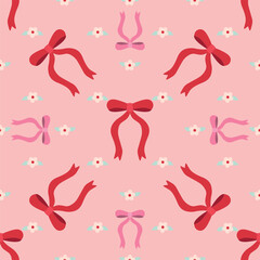 Cute seamless pattern with red and pink ribbon bows and small flowers.