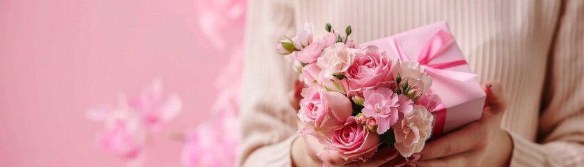 Female Hands Holding a Delicate Gift Box with Pink Roses on Pink Background