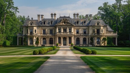 A stately manor house with a grand entrance, manicured lawns, and a tree-lined driveway.
