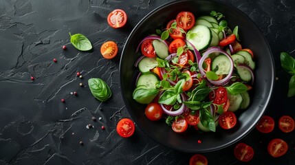 Fresh Vegetable Salad With Dressing On Slate Background