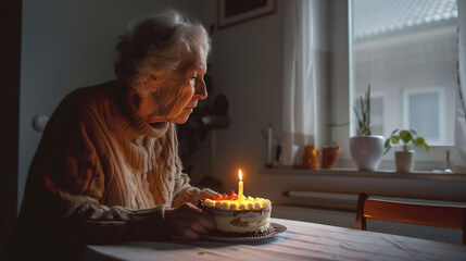 An elderly lady, alone in an empty apartment, looks dejectedly at a birthday cake with one lit candle. Her sad expression reflects her sadness at the lack of company and friends.
