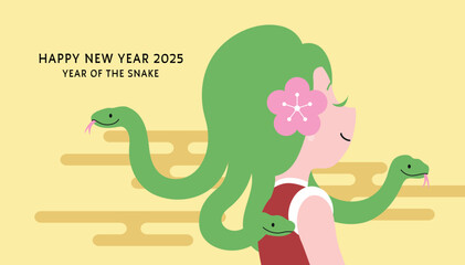 Cute Medusa girl with snakes hair. Happy new year of the snake 2025, chinese new year 2025 greeting card.