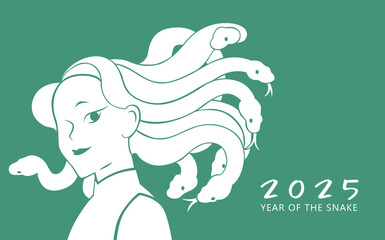 Medusa woman with snakes hair new year card. Beautiful woman with snakes hair portrait for chinese new year of the snake 2025. Lunar new year 2025 greeting card.