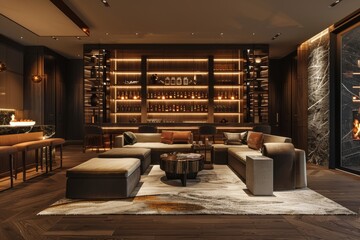 26 A contemporary interior with sophisticated furniture, elegant lighting, and a warm ambiance, perfect for entertaining. Wide angle, photorealistic, very detailed