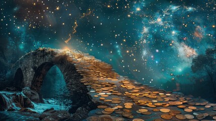 A bridge constructed from overlapping coins spanning a serene river theme, front view, symbolizing financial connection, futuristic tone, Complementary Color Scheme