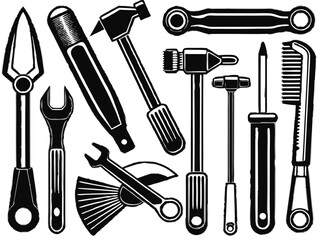 Hand tools, set of tools vector, set of tools for construction, tools icons set, set of garden tools, Comprehensive Set of Hand Tools Icons for Construction, Gardening, and DIY Projects - Vector 
