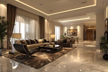35 A luxurious living space with a blend of modern and high-end elements, showcasing a stylish seating area and chic decor. Wide angle, photorealistic, very detailed
