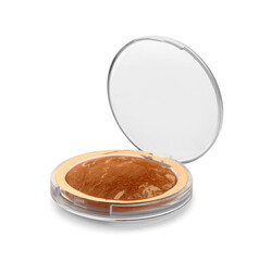 Stylish compact powder on white background