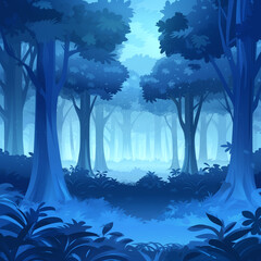Blue forest background in the style of cartoon, vector illustration game art