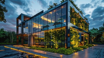 Obraz premium A stylish commercial building with a minimalist glass and steel design, accented by vertical garden features and ambient exterior lighting.