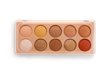 Palette with modern eyeshadows on white background