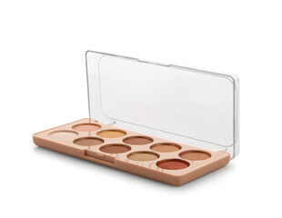 Palette with modern eyeshadows on white background