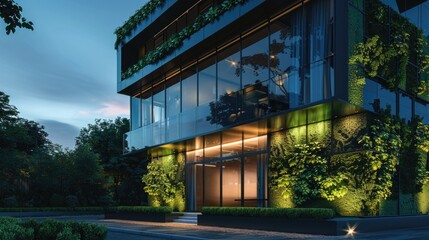 Obraz premium A stylish commercial building with a minimalist glass and steel design, accented by vertical garden features and ambient exterior lighting.