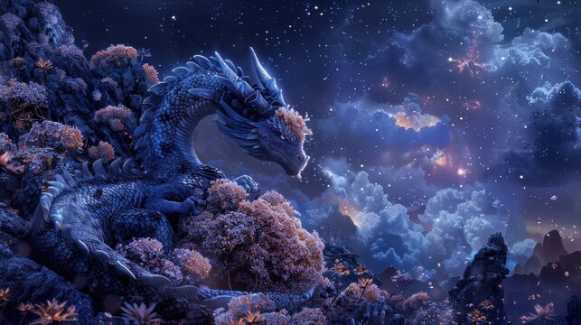 A dragon hoarding a pile of blooming treasure in a dark cave theme, front view, symbolizing mystical wealth, futuristic tone, Complementary Color Scheme