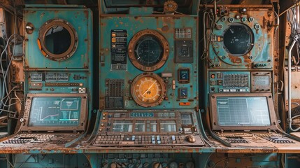 Fototapeta premium Rusty Control Panel in Abandoned Ship
