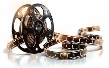 Cinema. Pellicola cinematografica su sfondo bianco.