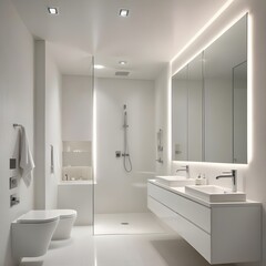 Contemporary white bathroom with floating vanity, rainfall shower, and recessed lighting, centered composition