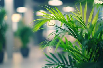 Potted Lush Green Plant Leaves in Modern Office. Blur Bokeh Background with Copy Space, Close-Up View
