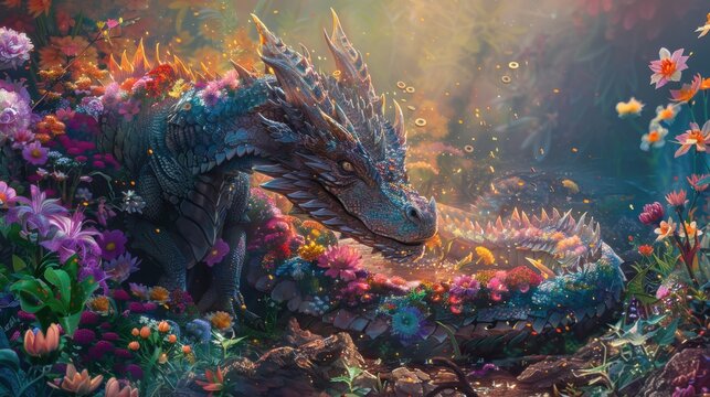 A dragon hoarding a pile of blooming treasure in a dark cave theme, front view, symbolizing mystical wealth, futuristic tone, Complementary Color Scheme