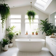 Crisp, clean white bathroom with a freestanding bathtub, hanging plants, and skylight, centered composition
