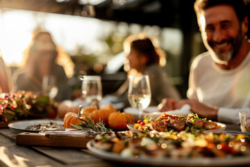  Family having a meal outdoors, table setting with pumpkins and autumn decoration