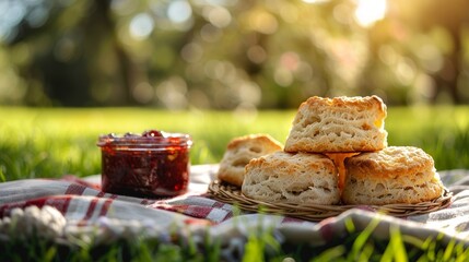 outdoor tea party, enjoy a cozy outdoor tea party with freshly baked scones and jam on a picnic blanket, perfect for unwinding in the backyard add your personalized message