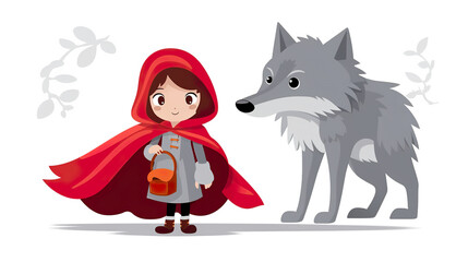 Gray wolves and Red Riding Hood are solitary against a stark white background. © Dilshad