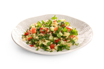 Plate with delicious tabbouleh salad on white background