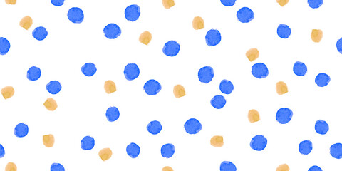 Seamless pattern of blue and beige watercolor dots on a white background. Watercolor design for wallpaper, textile, poster, and print.