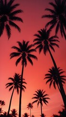 Silhouettes of palm trees stood against the tropical horizon Summer sunset painted the sky red Some clouds in the paradise scene