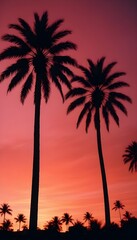 Naklejka premium Silhouettes of palm trees stood against the tropical horizon Summer sunset painted the sky red Some clouds in the paradise scene