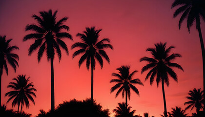 Fototapeta premium Silhouettes of palm trees stood against the tropical horizon Summer sunset painted the sky red Some clouds in the paradise scene