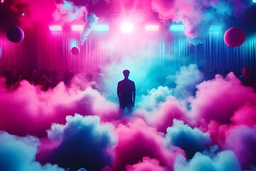 Capture the essence of an exhilarating dance party with this vibrant scene set in a dark room filled with swirling pink party fog. Isolated smoke clouds in shades of blue, teal, purple, and aqua creat