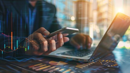 Businessperson Using Smartphone and Laptop with Financial Charts Overlap